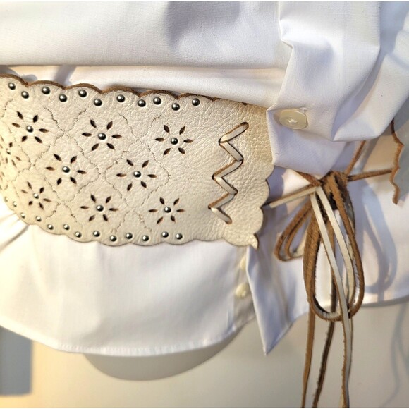 Trio of Boho Tie Back Belts White Cutout Studded Leather, Macrame and Denim main image 13